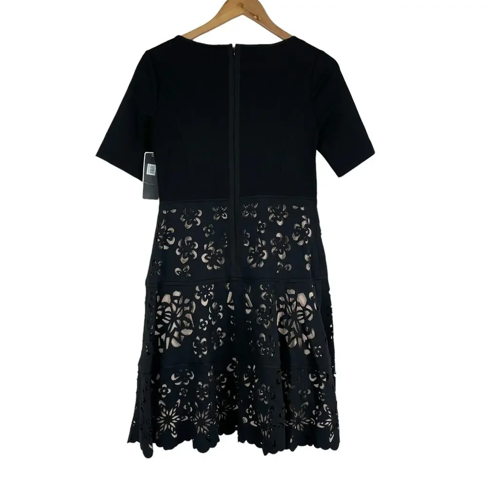 Shani NWT Laser Cut Ponte Fit & Flare Black Nude Dress Size 4 Floral Half Sleeve - Picture 3 of 10
